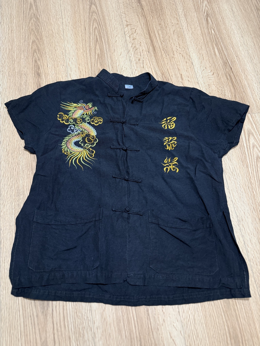 Black 100% Nature Silk Dragon Embroidered Mandarin Collar Blouse